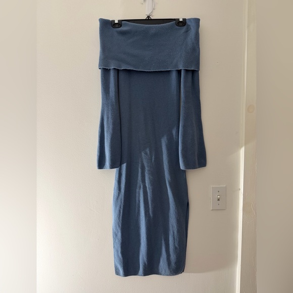 NAADAM Wool Cashmere Blend Off the Shoulder Midi Dress in Slate Blue Size XS - Picture 2 of 16